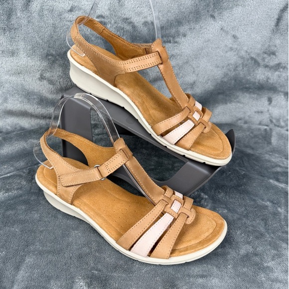 ECCO Tan Leather T-Strap Ankle Strap Wedge Sandals Women's Size EU 41 US 10 - Picture 1 of 11